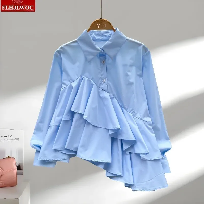 French Design Ruffles Tops Blouses New 2026 Spring Summer Cute Girls European Style Long Sleeve Irregular Solid White Shirts view 3
