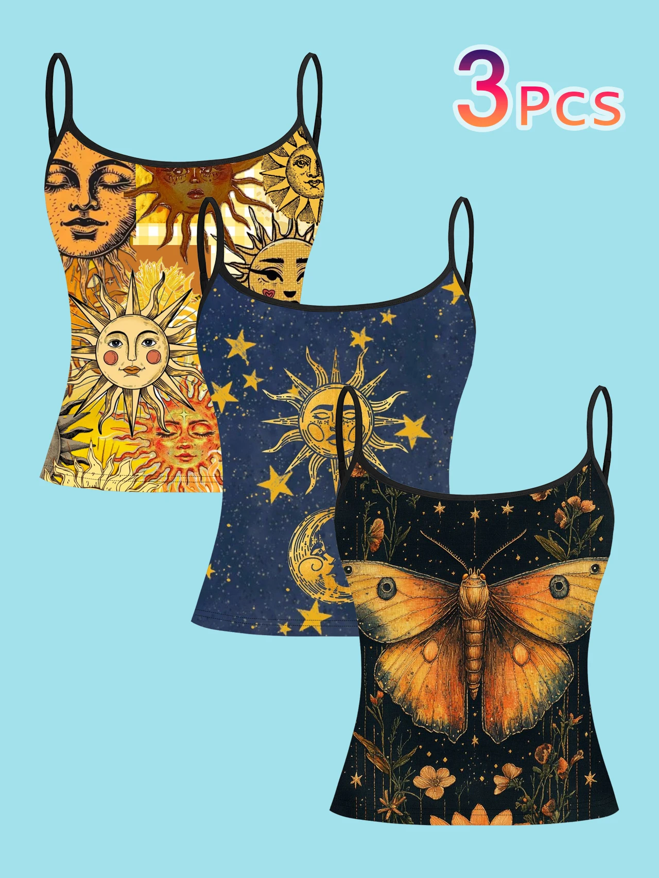 3-Piece Set of Vintage Occult-Themed Sun and Moon Moth Print Spaghetti Strap Tank Tops Celestial Astrology Style Bohemian Slim Fit Sleeveless Tops Vintage Distressed Inner and Outer Wear Base Layer Shirts