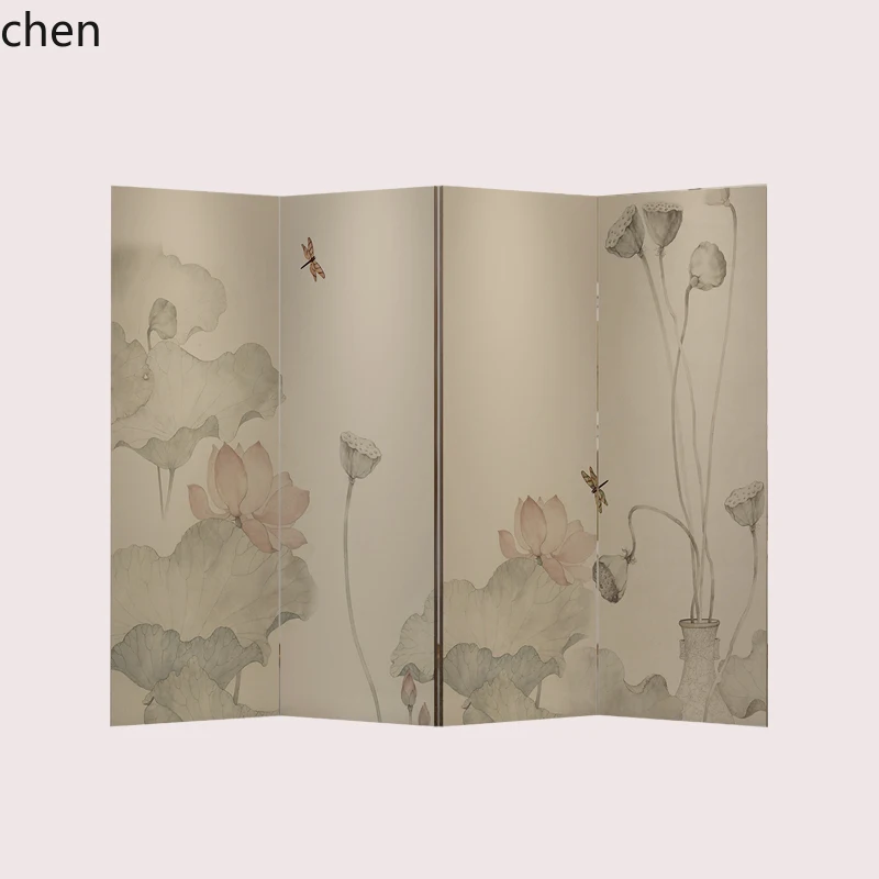 QZT Screen Partition Living Room Foldable Mobile Tea Room Hall Hotel Office Zen Lotus Background Wall