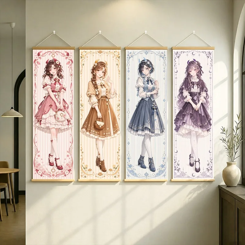 Anime Women in Pink, Brown, Blue and Purple Frilled Dresses Wall Scroll with Delicate Floral Borders for a Quiet Bedroom