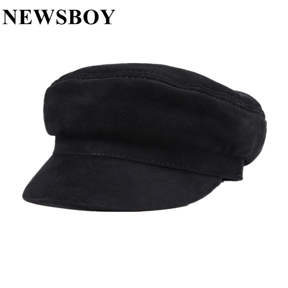 

NEWSBOY Women's Cap Baker Boy Real Leather Cap Ladies Sheepskin Military Hats Vintage Female Black Classic Flat Hats