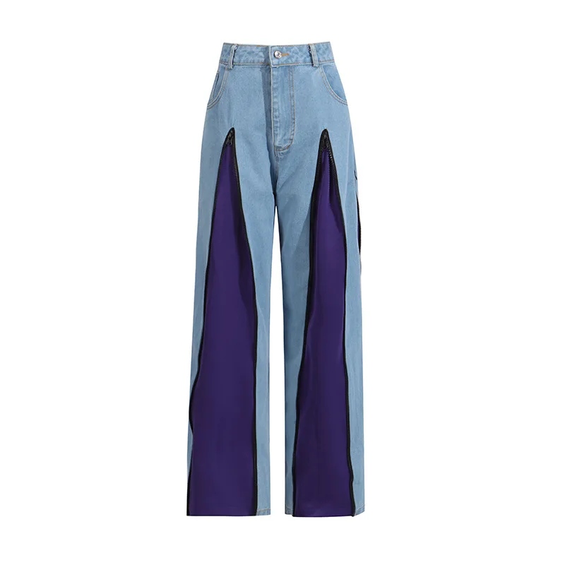 

SuperAen Washed Wide Leg Pants 2025 New Color Matching Zipper Split High Waist Jeans Women