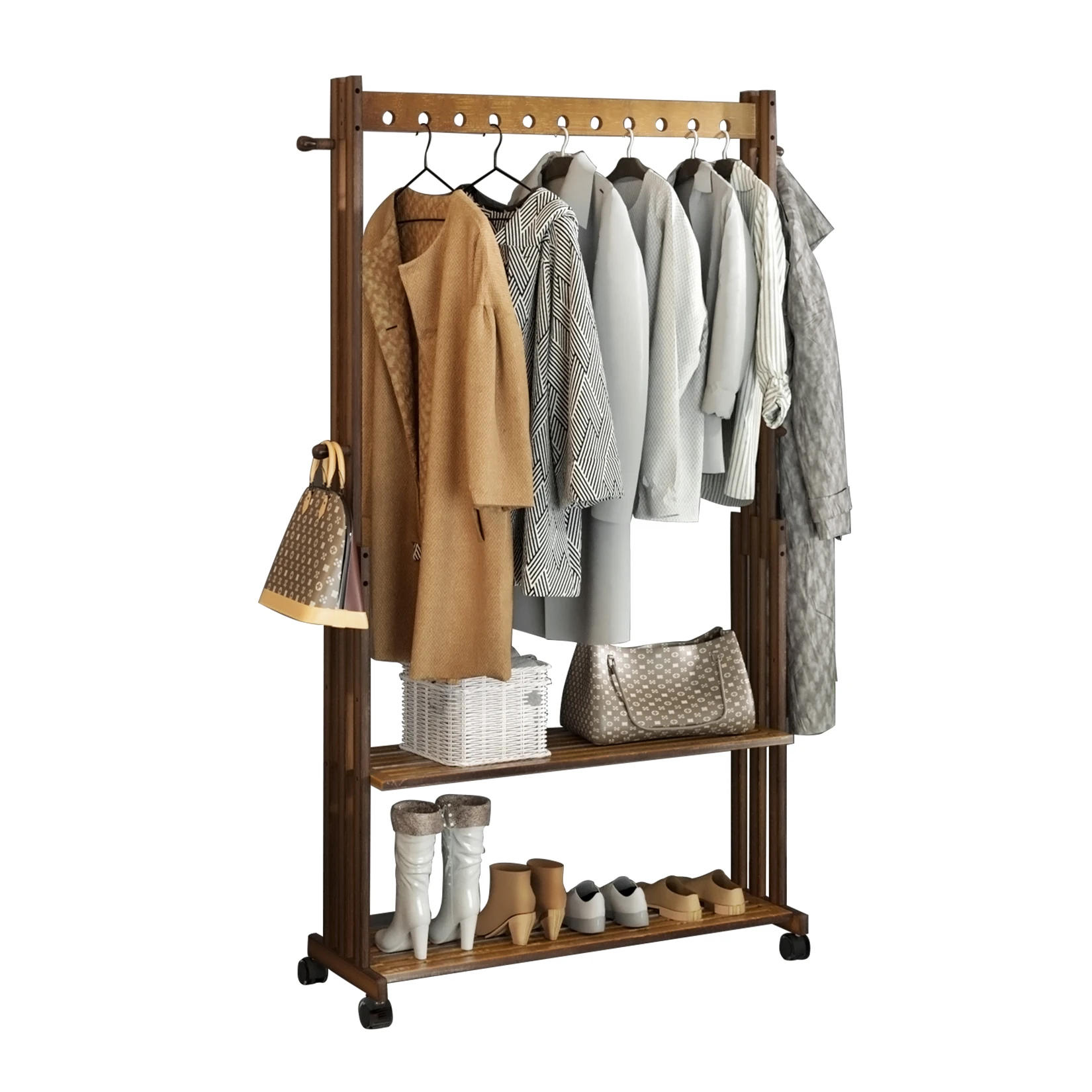 Bamboo Clothes Rack Stand Clothing Hanging Rail Garment Rack Rolling Coat Stand Shoe Storage Shelf with Wheels