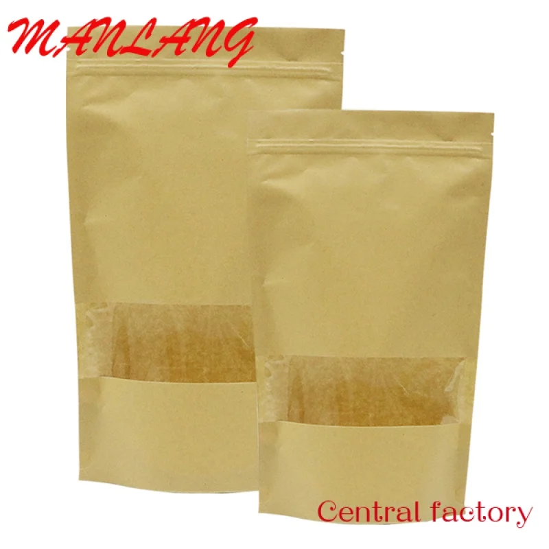 Custom  Factory Price Food Packaging Bag With Window Kraft Paper Stand Up Pouch Bag For Nuts Powder Snack Packaging With Zipper