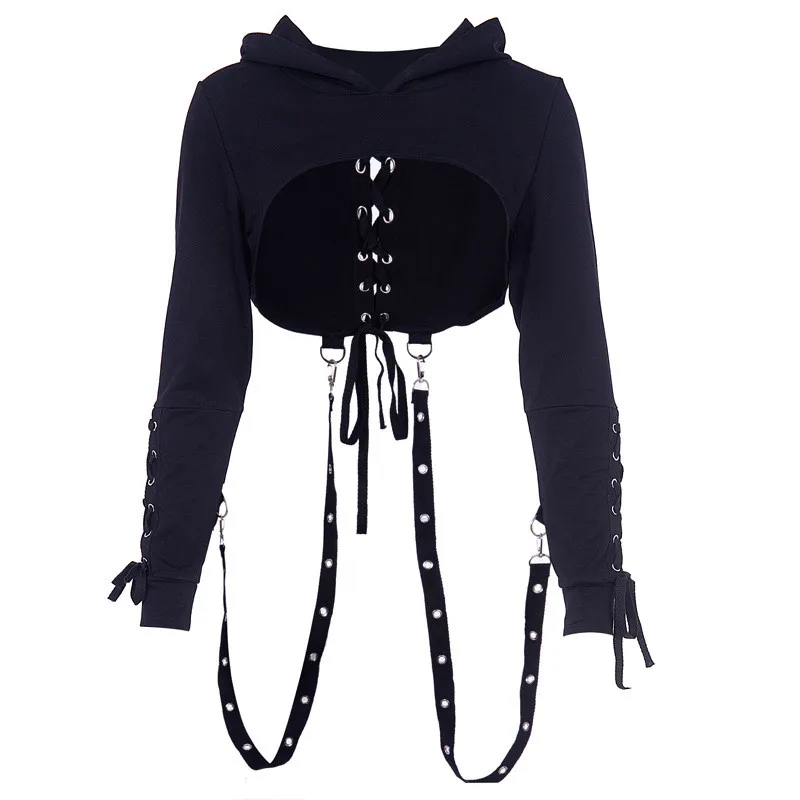 Gothic Sle Long Sve loween Sweatirt Women's Loose Fit Pullover Belly Button Exposure Zipper Detail Streetwear
