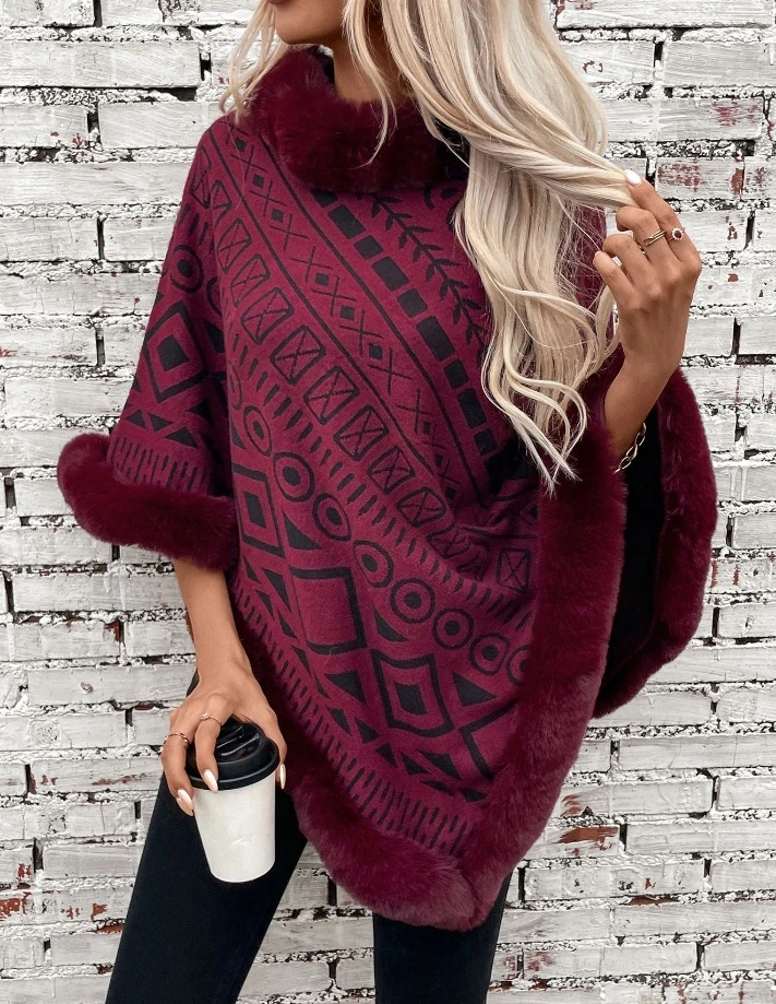 

Women Sweet Top 2024 Autumn Winter Latest Wool Collar Splicing Hoodie Knitted Cloak Geometric Pattern Loose Casual Sweater Shawl