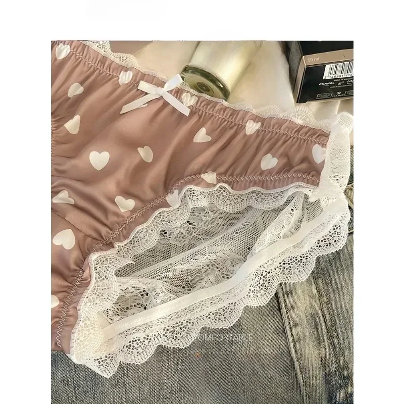 Calcinha de renda de cetim puro japonês feminino cintura baixa hip lift doce menina amorosa sexy briefs algodão topo lolita lingerie tanga