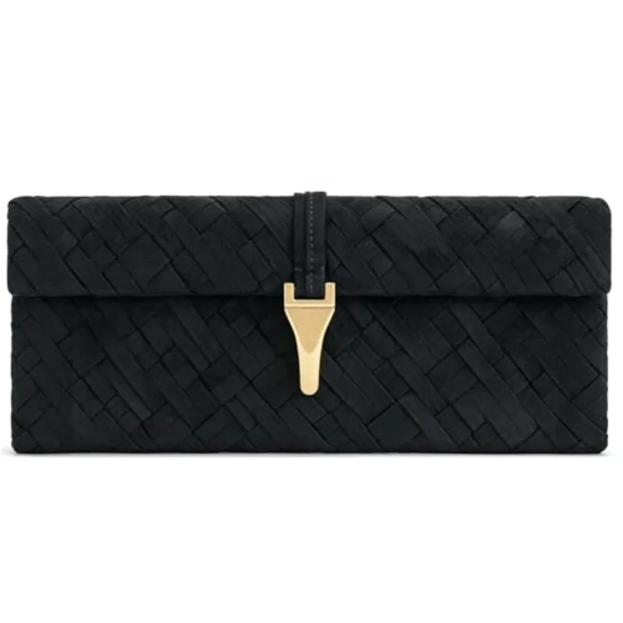 Women's woven clutch for evening events, premium faux leather in black, sleek minimalist design with gold-tone hardware and sec