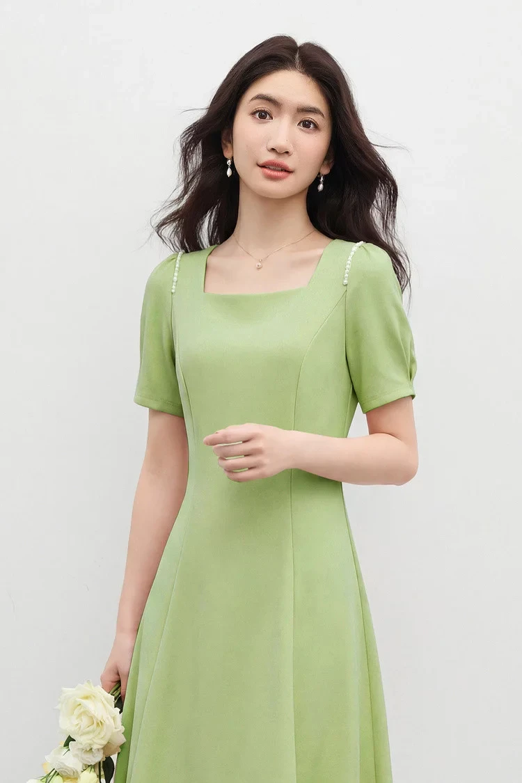 SENTUBILA Damen Einfaches A-Linien-Kleid 2026 Sommer Büro Elegantes Kleid mit Quadratischem Ausschnitt und Perlenketten-Detail Kurzarm Q62LI6575X – Detail 13