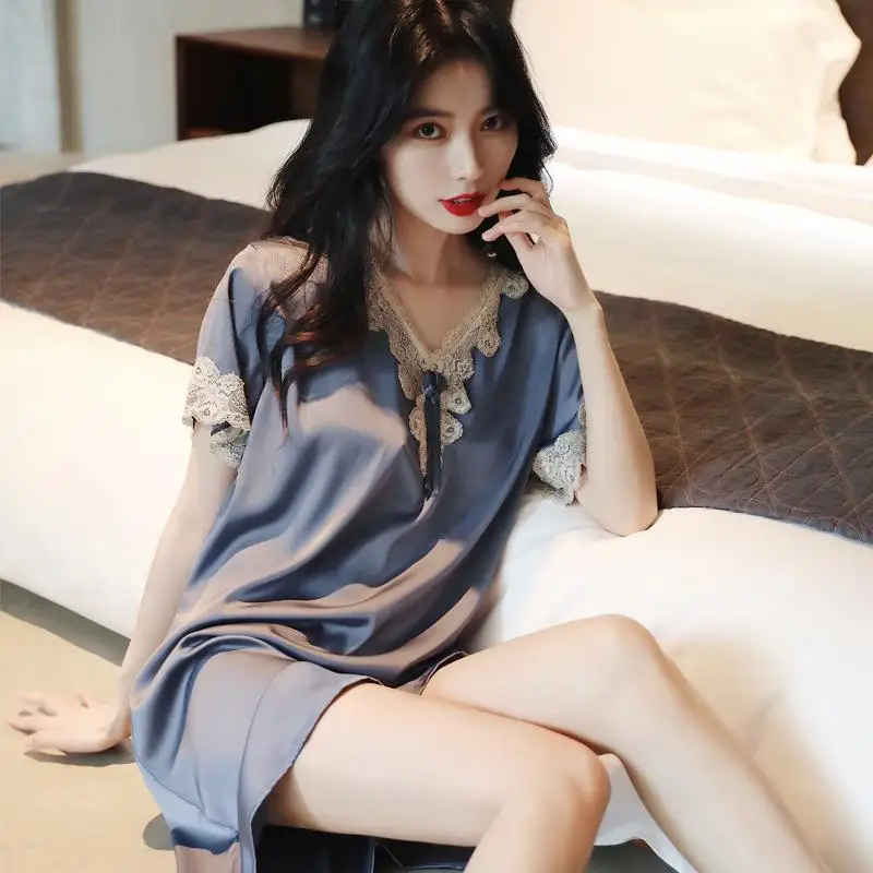 

New Women's Summer Ice Silk Loose plus Size European Korean Sexy Lace Snow Silk Short Sleeve Nightgown Home Clothes