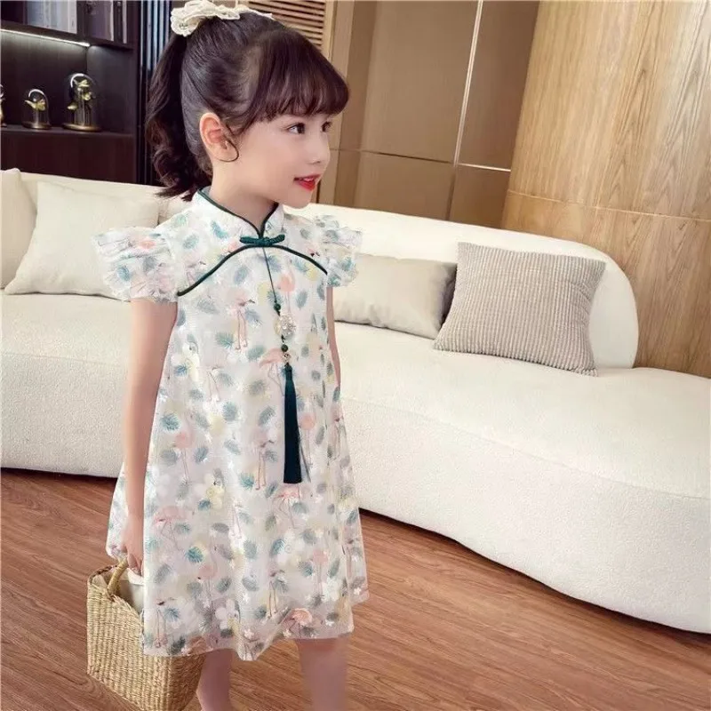 Kids Girls Dress Summer New Baby Qipao Fashionable Retro Tang Dress Children\'s Short Sleeve Flower Dress