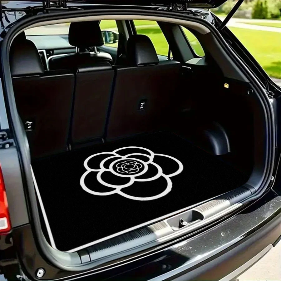 White Line Camellia Trunk Mat, Floral Cargo Liner, Non-Slip Boot Protector, Universal Fit Car Accessories, Stain-Resistant