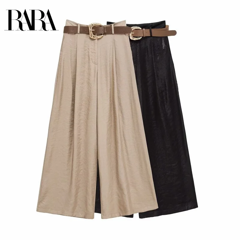 

RARA2025 Summer Women's New Casual Fashion Simple Versatile Pleated With Belt Satin Texture Loose Wide-leg Pants