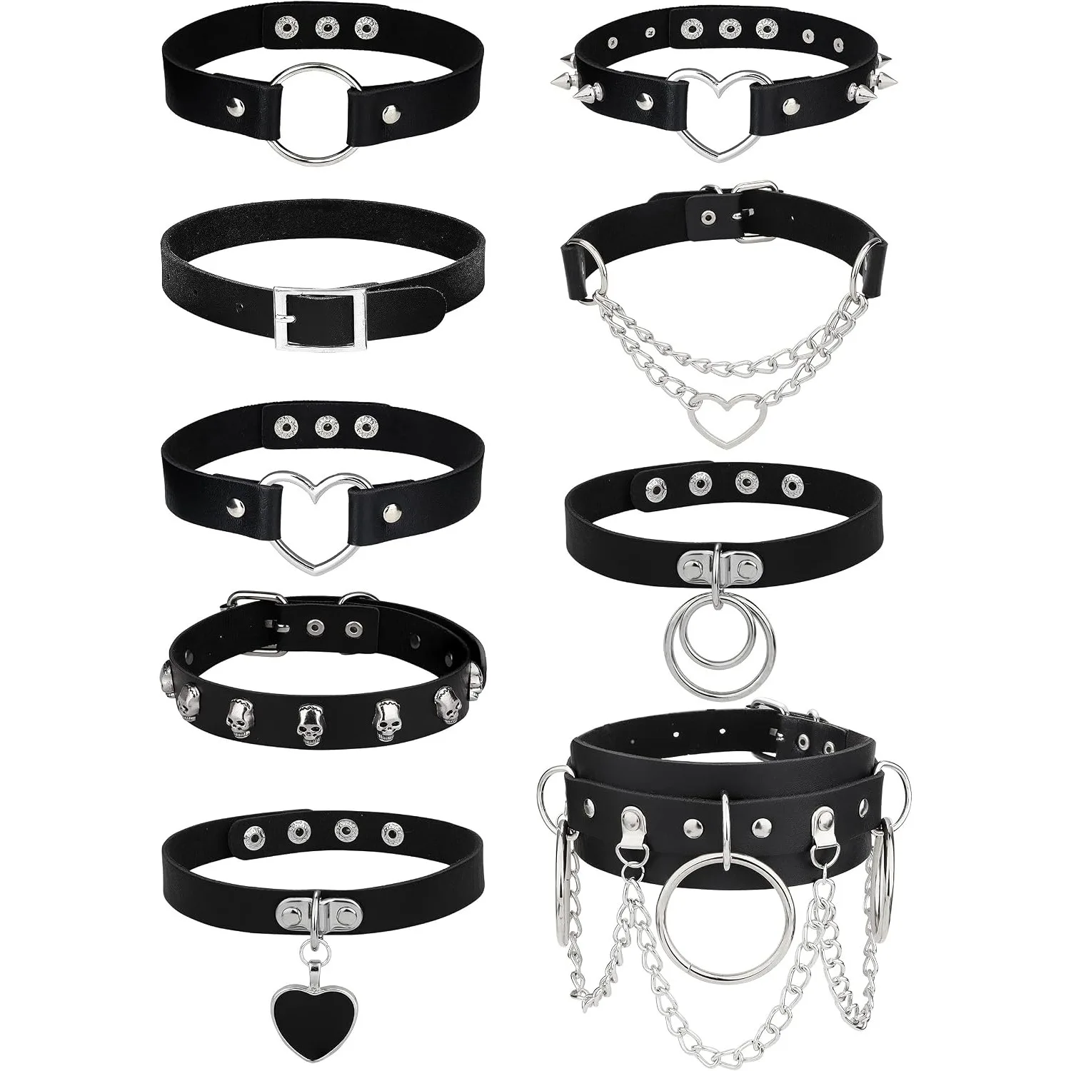 Bobisty 9Pcs Gothic PU Leather Choker Necklace Set for Women Adjustable Punk Chain Black Necklace Rock Spike Leather Love Heart