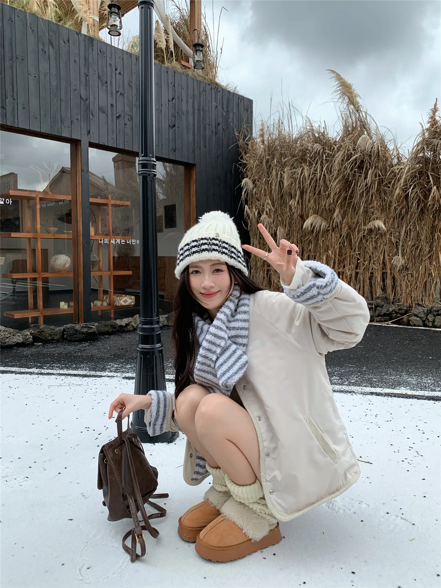 Korean Sweet Two Side Wear Padded Jacket Women Fleece Lined Thick Warm Parkas Woman Lazy Style Stripe Scarf Winter Jackets