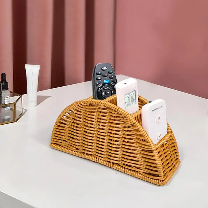 For Air Conditioner Remote Control Holder Desktop Bedroom Synthetic Rattan Organizer Divided Basket Remote Storage Box