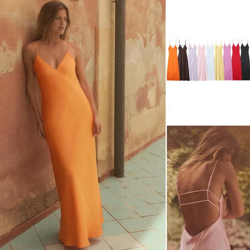 

Solid Satin Midi Slip Dress Thin Spaghetti Strap Deep V Neck Back Strap High Waist Elegant Evening Party Camisole Dress 260701