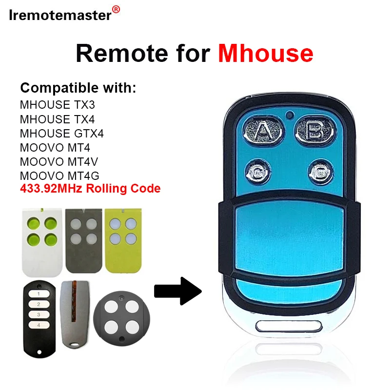 For 4 channel Mhouse GTX4 TX3 TX4 MOOVO MT4 MT4V MT4G Garage Door Remote Control Rolling Code 433.92 MHz