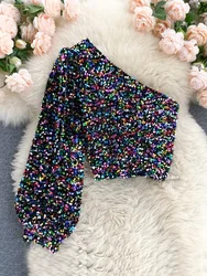 Fall 2026 New Product Oblique Collar T-shirt Strapless Unilateral Puff Sleeve Slim Fit Short Sequined Top HK102