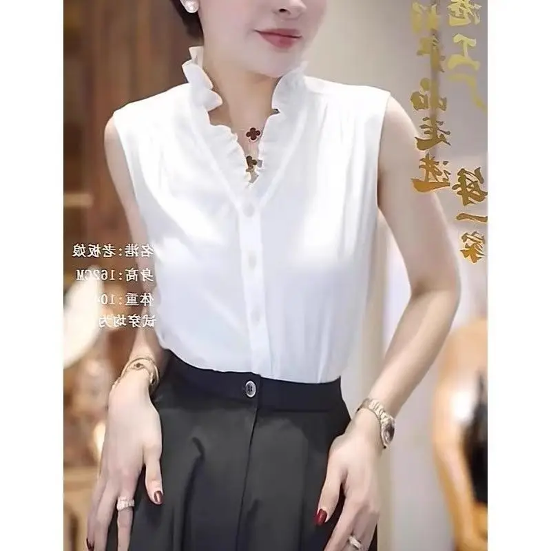 White Sleeveless Ruffles V Neck Elegant Blouse Summer New Solid Simplicity Temperament Shirt Tops Fashion Korean Women Clothing