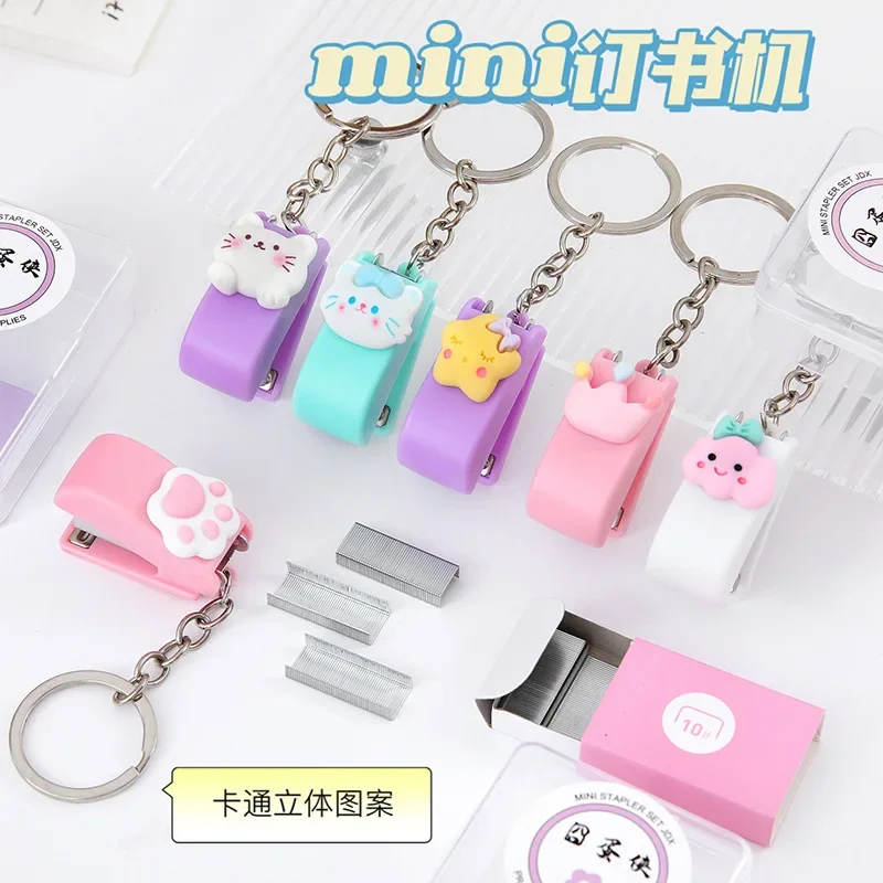 Mini Portable Stapler Staples Set for Student Cute Cartoon Animal Bookbinding Small Keychain Stapler Staples School Supplies