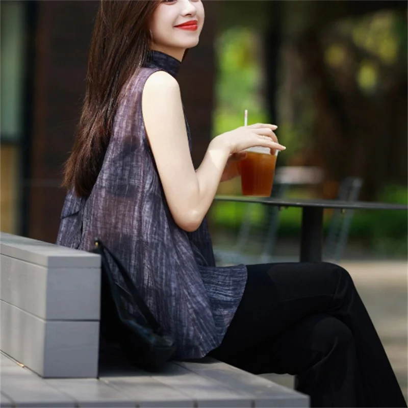 Zomer mouwloze top dames shirt blauw doorschijnende blouse zonnebrandcrème shirt vrouw kleding shirts trui opstaande kraag tee