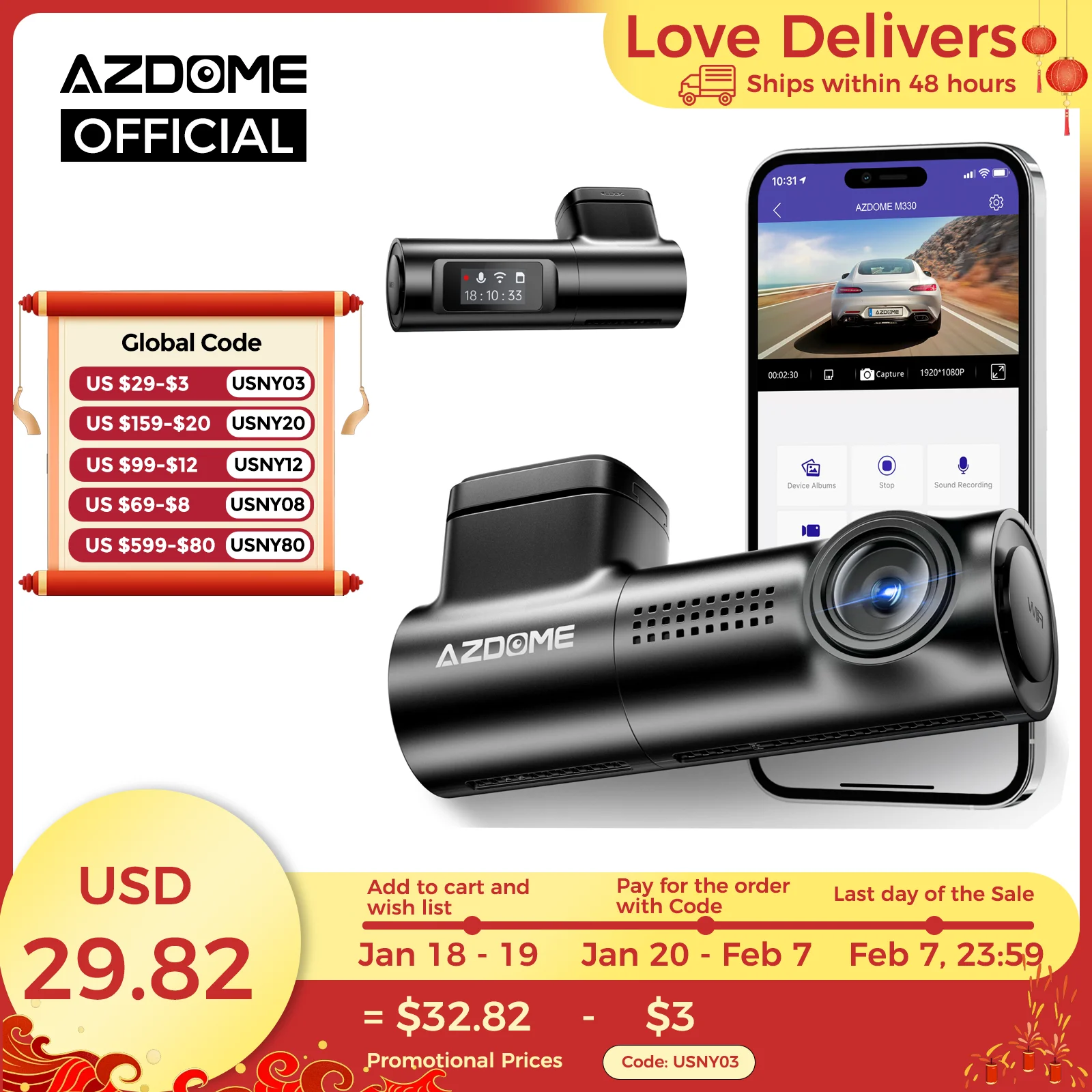 AZDOME M330 Car DVR 1296P Dash Cam Smart Voice Control WiFi Free APP G-sensor Emergency Record Parking Monitor Loop Recording