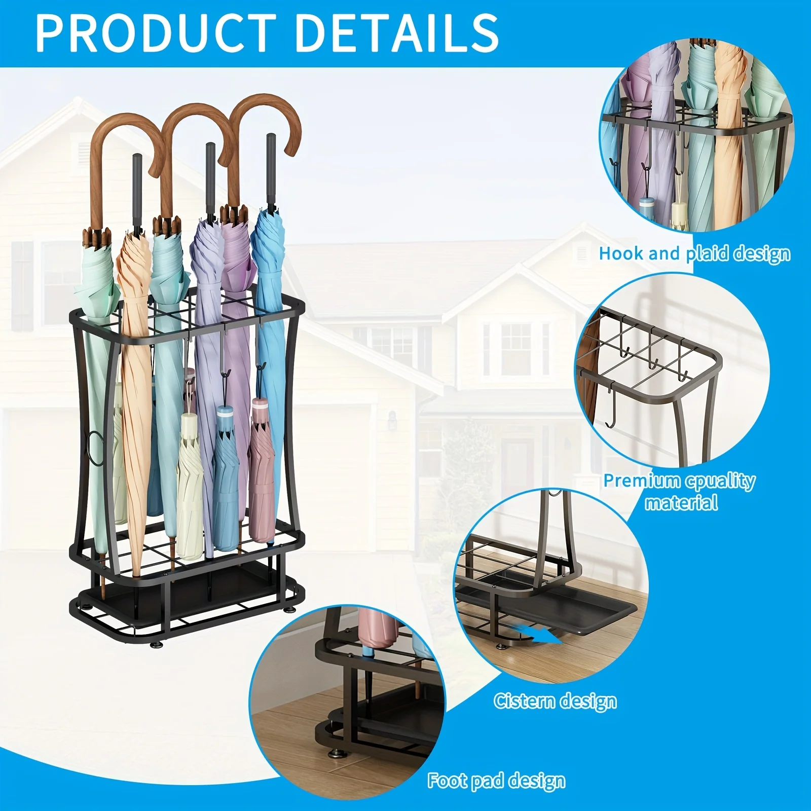 

Modern metal umbrella holder with hooks, suitable for umbrellas of all lengths.