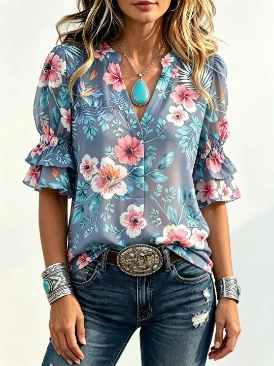 Women Western Boho Shirt Notched V‑Neck Full Button‑Up Double Ruffle Short Sleeve Tropical Floral Print Casual Blouse