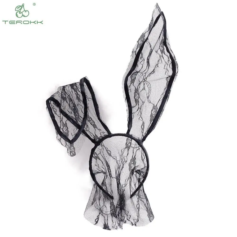 Lace Rabbit Bunny Ears Veil Black Eye Mask Party Head Wear Party Masks For Girl Women Oversized Bow Headband Hair Bands Headwear