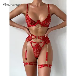 Yimunancy Gothic Floral Embroidery Chain Lingerie Set Women Vintage Erotic Bra + Panty Underwear Set Sexy Garter Kit