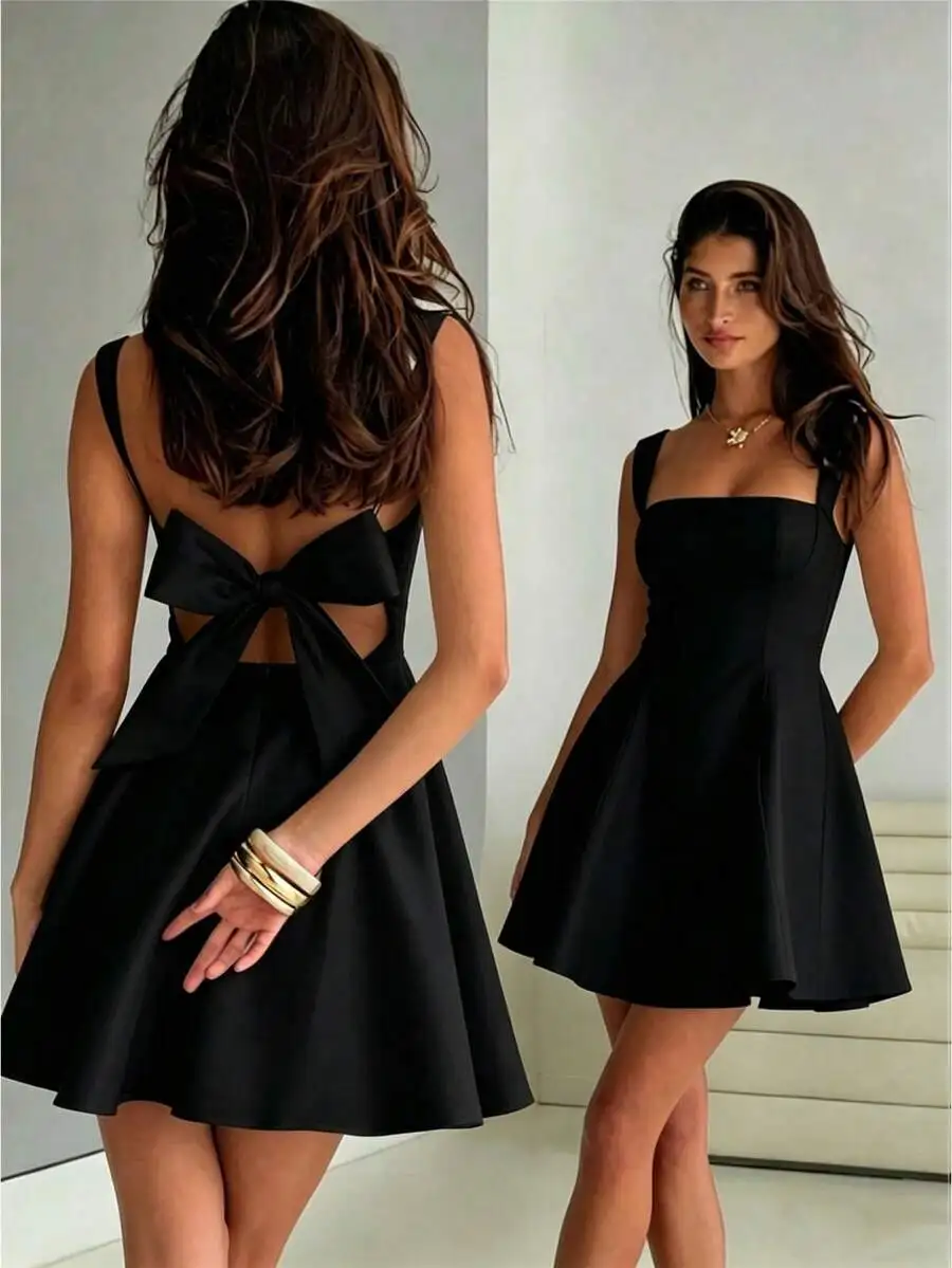 

Women Backless Bowknot Square Neck Sleeveless A-Line Mini Dress