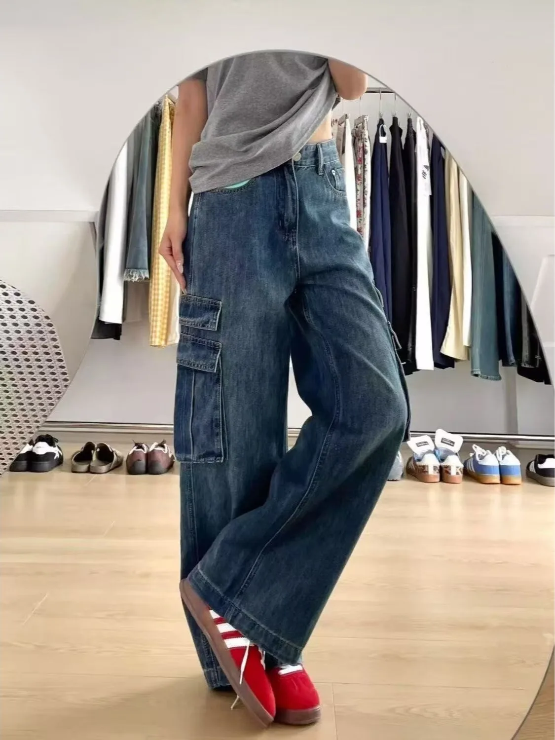 Retro Blue Wide Leg Denim Pants Women's High Waist Loose Fitting Draping Floor Length Workwear Trousers Casual Style Summer