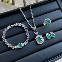 Simulation emerald tourmaline full diamond luxury princess square opening ring pendant earrings bracelet set