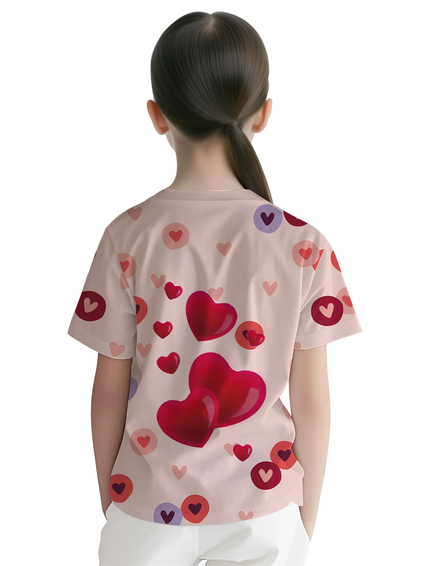 Girls Valentine Heart T-Shirt, Glossy Big Red Hearts & Small Heart Circles Pattern Casual Kids Graphic Top