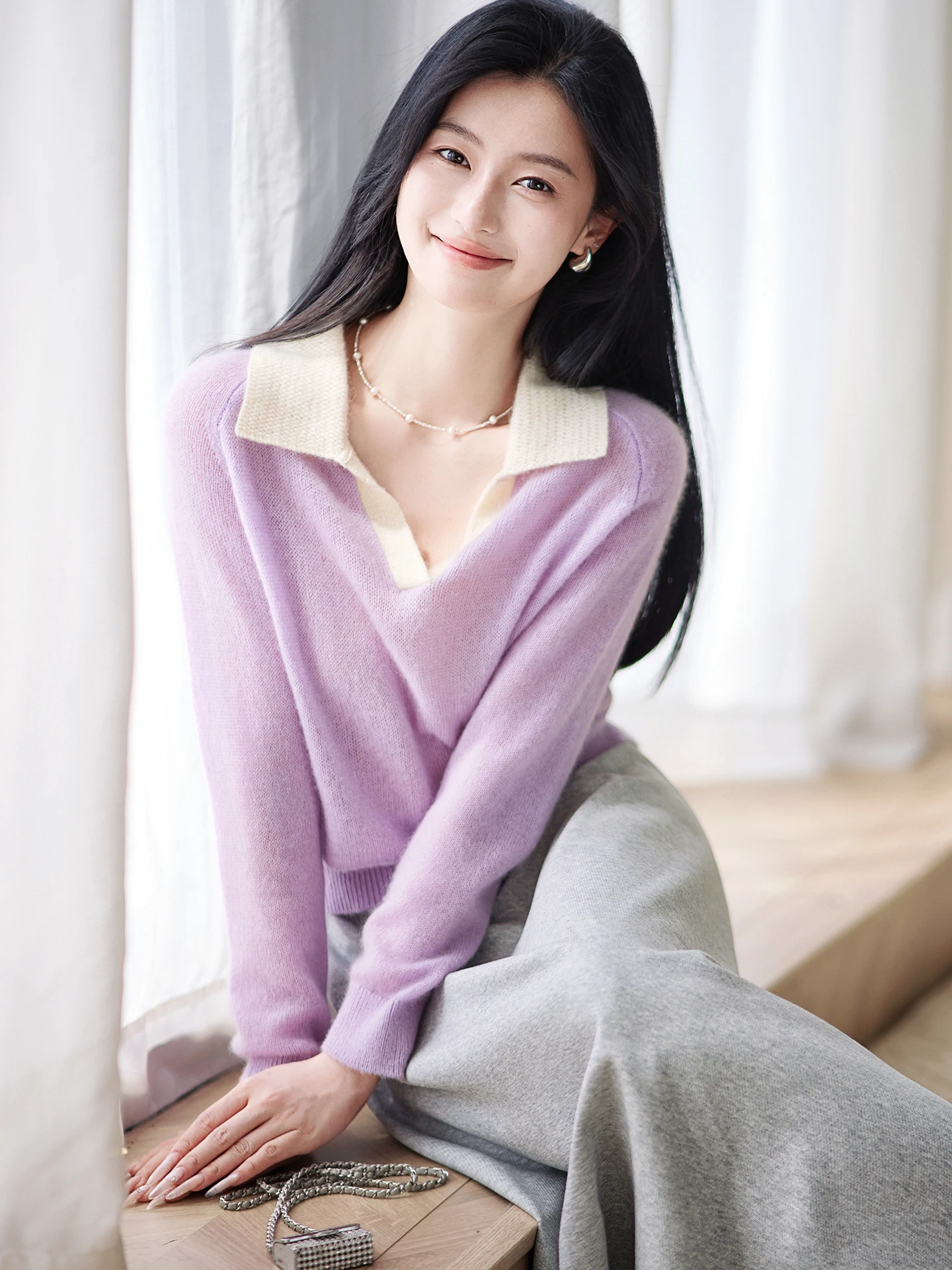 

Zhaodaxi: Новинка! Женская трикотажная кофта свободного кроя с отложным воротником, фиолетовая, мягкая, с длинными рукавами, для ранней осени.