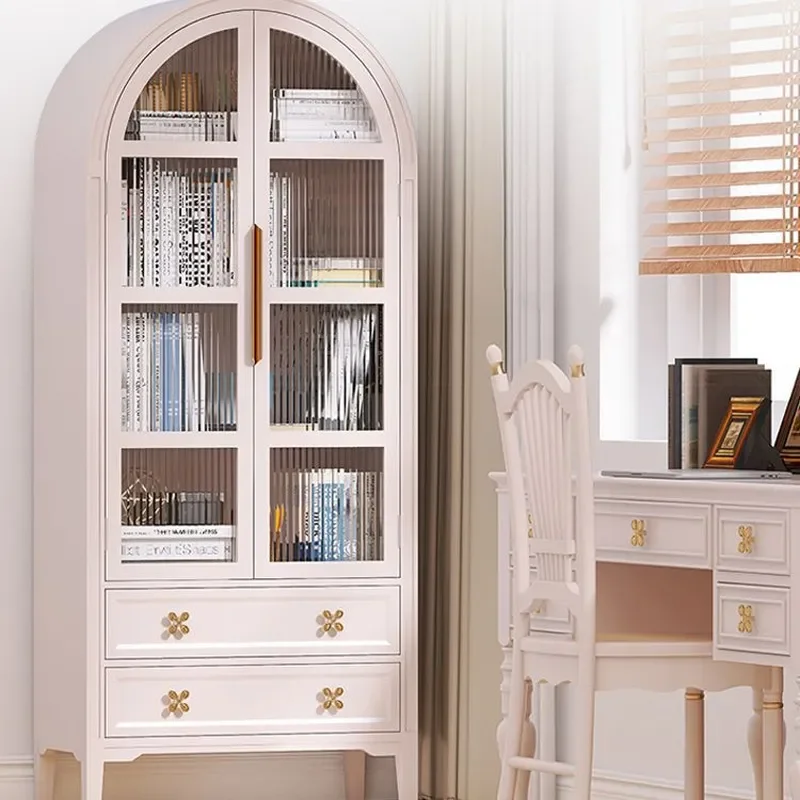 American French‑Retro Arched Bookcase Nordic Ash‑Wood Fixed Wine Edge Locker For Living Room Storage