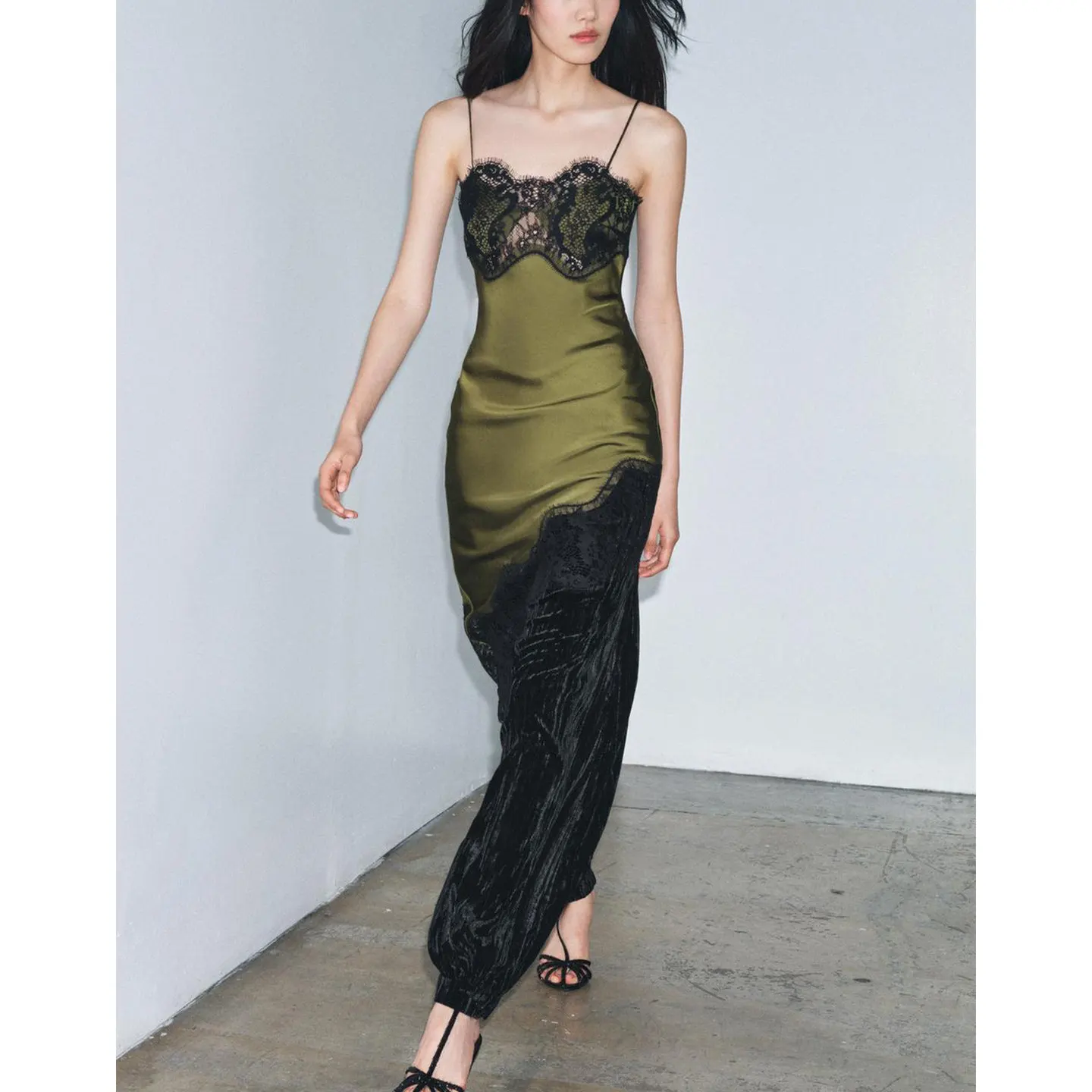 Asymmetrische Farbe Blo Spitzenbesatz Seidensatin Feel Dr Damen Faion Commute Sle Maxi Dr Svel Round Neline