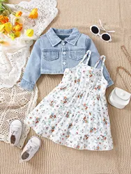 Baby Spring and Autumn Denim Coat Floral + Slip Skirt Two-piece Casual Female Newborn Street Fashion Suit Outdoor Vacation Wear