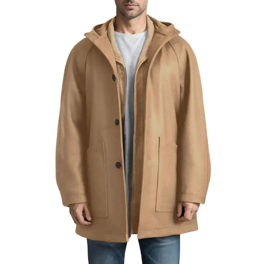 

Hooded Jacket Stylish Men's Hooded Woolen Coat with Pockets Raglan Sleeve Solid Color Jacket Single Breasted for Winter