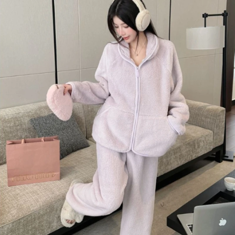 Women's Autumn Winter New Flannel Loungewear Coral Fleece Thickened and Fleece Small Pink Flower Zipper Warm Clothes Set Pajamas