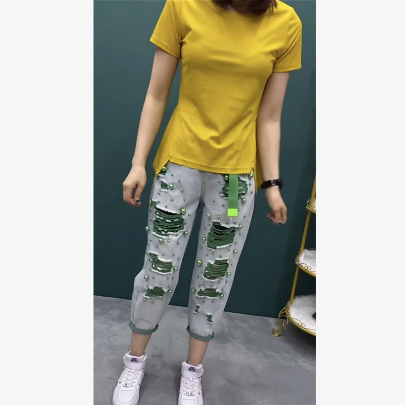 Solto een denim jeans feminino verão fino em linha reta calças de perna larga cintura alta nove pontos harlan pobre solto ajuste jeans