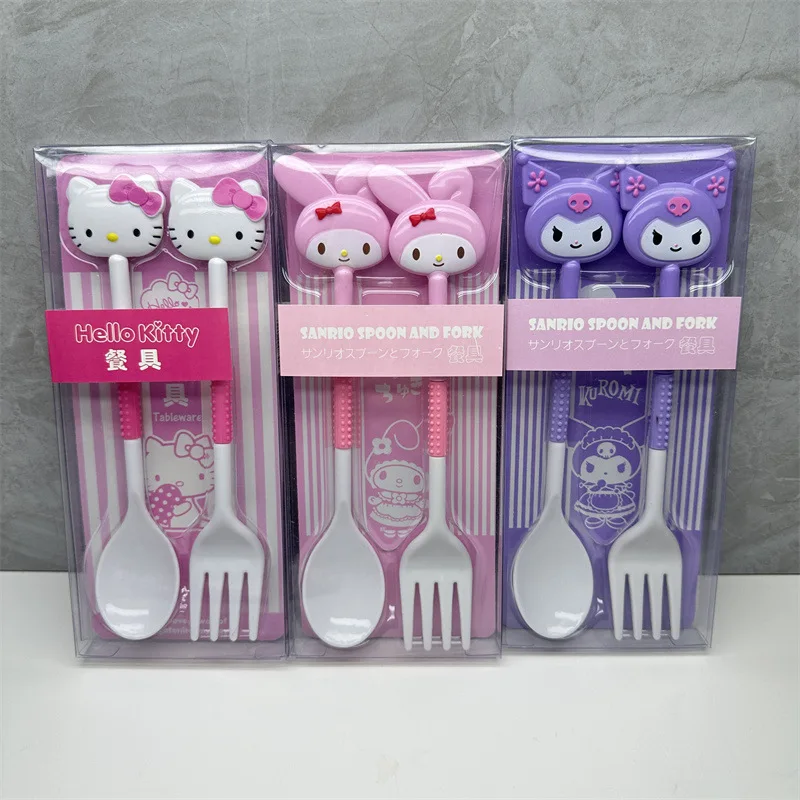 2Pcs Kawaii Sanrio Hello Kitty Tableware Anime Kuromi Melody Spoon Fork Student Travel Portable Cutlery Set Gift for Children