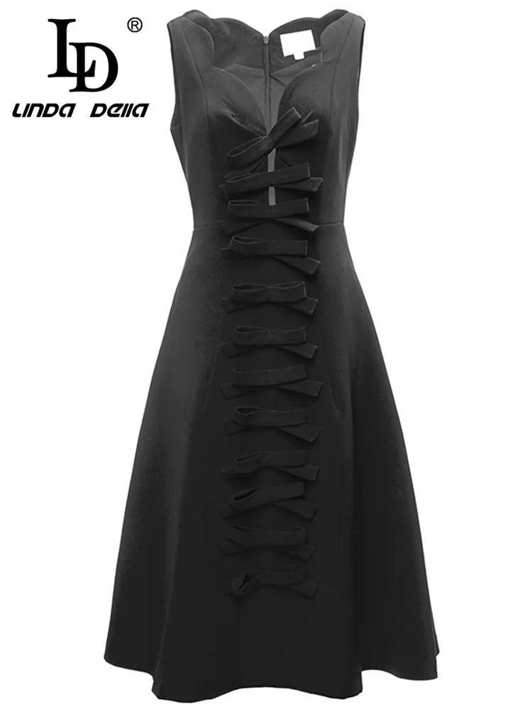 

LD LINDA DELLA Summer Fashion Designer Beach Dress Women's Black Sleeveless Bow Slim Fit Knee -Length Dress