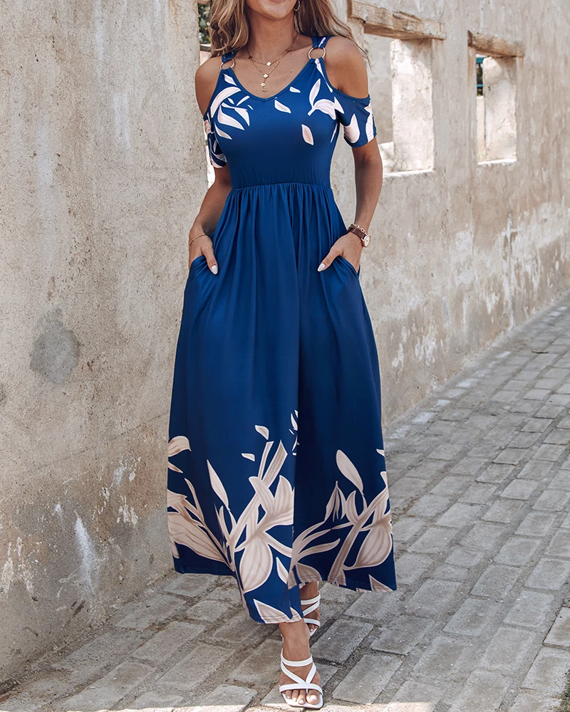 Women Vacation Plants Print Cold Shoulder Maxi Dress