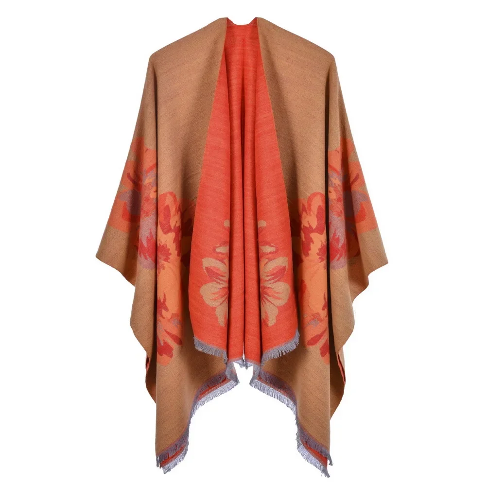 Women's Double-sided Loose Beard Cape European American Fashion Jacquard Split fork Thickened Warm Split  Ponchos Lady Coat P11