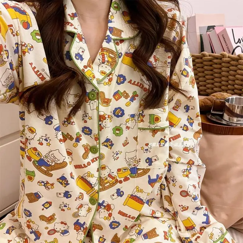 Hot Sanrio Female Cardigan Spring Long Sleeves Trousers Leisure Wear Suit Kawaii Hello Kitty Comic Go Out Student Pajamas Kit