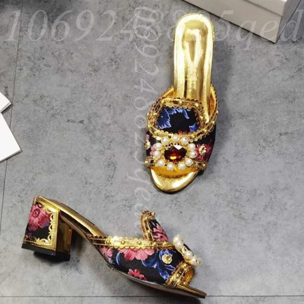 Women's Floral Print Slide Sandals Gold Metallic Trim, Pearl Embellishment, Open Peep Toe Block Heel with Patterned Detail Shoe view 5