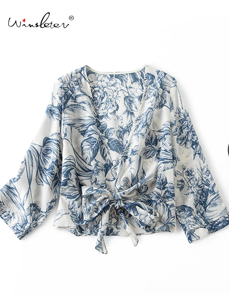 

Winsleter-100% Silk Double Crepe Elegant Sunscreen Top, Print Lace-up, Women Beach Vacation Short Coat, 2026 Summer New C65546CC