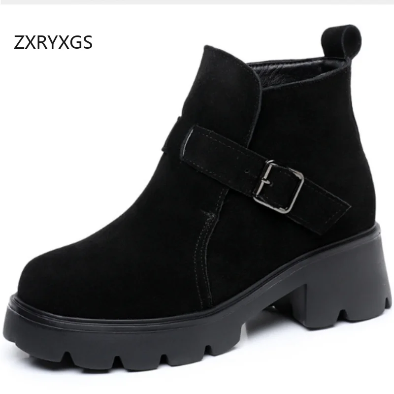 

ZXRYXGS Premium Matte Cowhide Single Boots High Heels Non-slip 2025 New Real Leather Autumn Winter Boots Women Large Size Boots